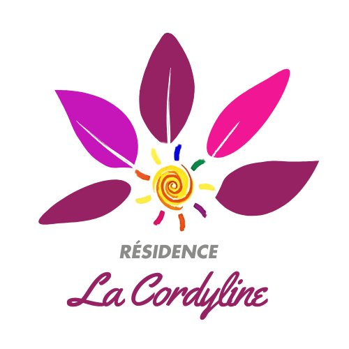 Logo rond de la Résidence La Cordyline, représentant une fleur stylisée avec des pétales roses et violets entourant un soleil jaune central.